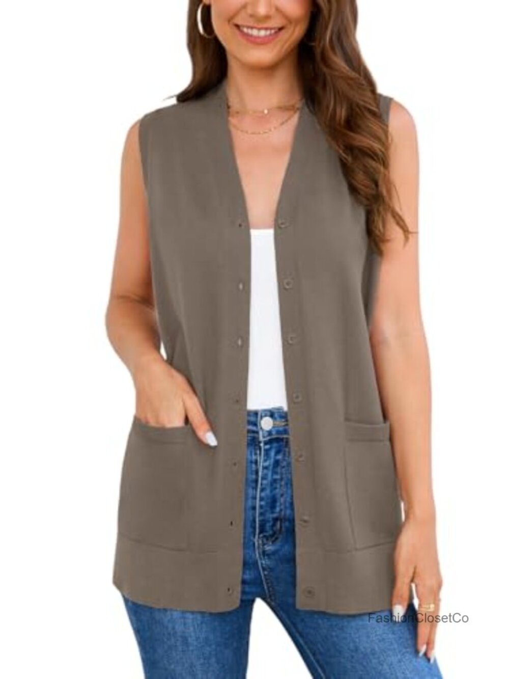 Sleeveless Button Down Cardigan Sweater with Pockets